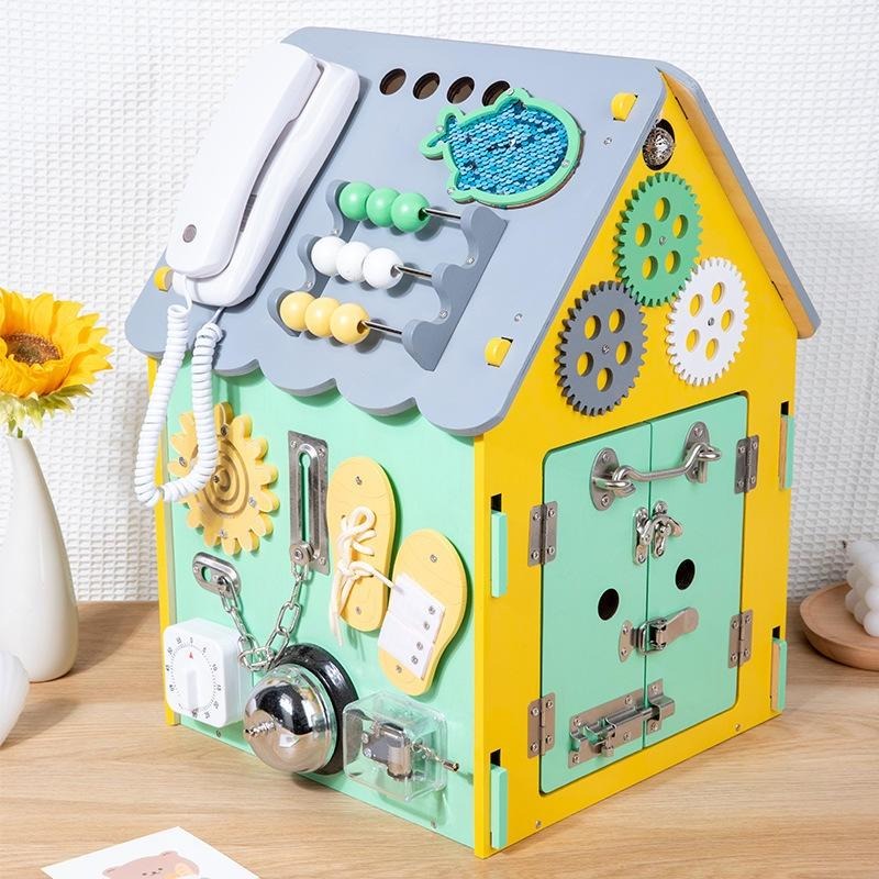 木制蒙特梭利忙碌屋兒童早教忙碌箱開鎖穿衣敲琴專注力訓練玩具-細節圖9