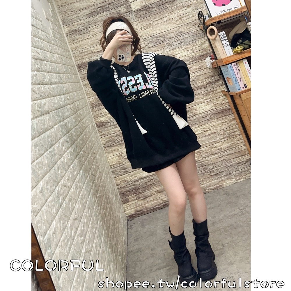 COLORFUL➖【現+追 衝量衝評價】 秋冬新款渲染繡花字母內刷毛長袖大T渲染繡花字母內刷毛大學T 字母寬鬆大版上衣-細節圖9