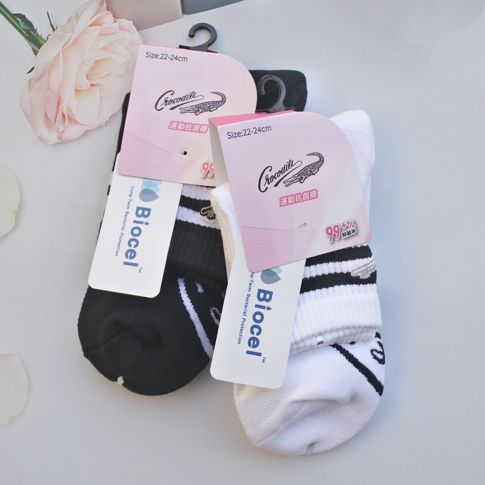 台灣製 女生運動抗菌襪 短襪 棉襪 毛巾底 22-24CM 女襪 襪子 除臭透氣 萊卡 白色 黑色 1/2襪 鱷魚牌-細節圖10