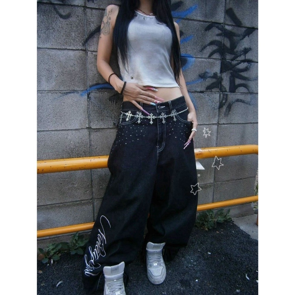 日系街頭天使翅膀直筒寬松牛仔褲👖-規格圖3