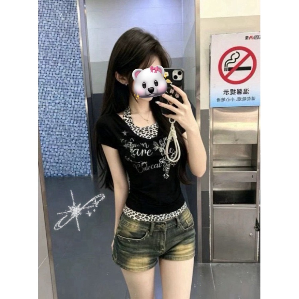 豹紋印花掛脖假兩件短Ｔ🐆-細節圖2