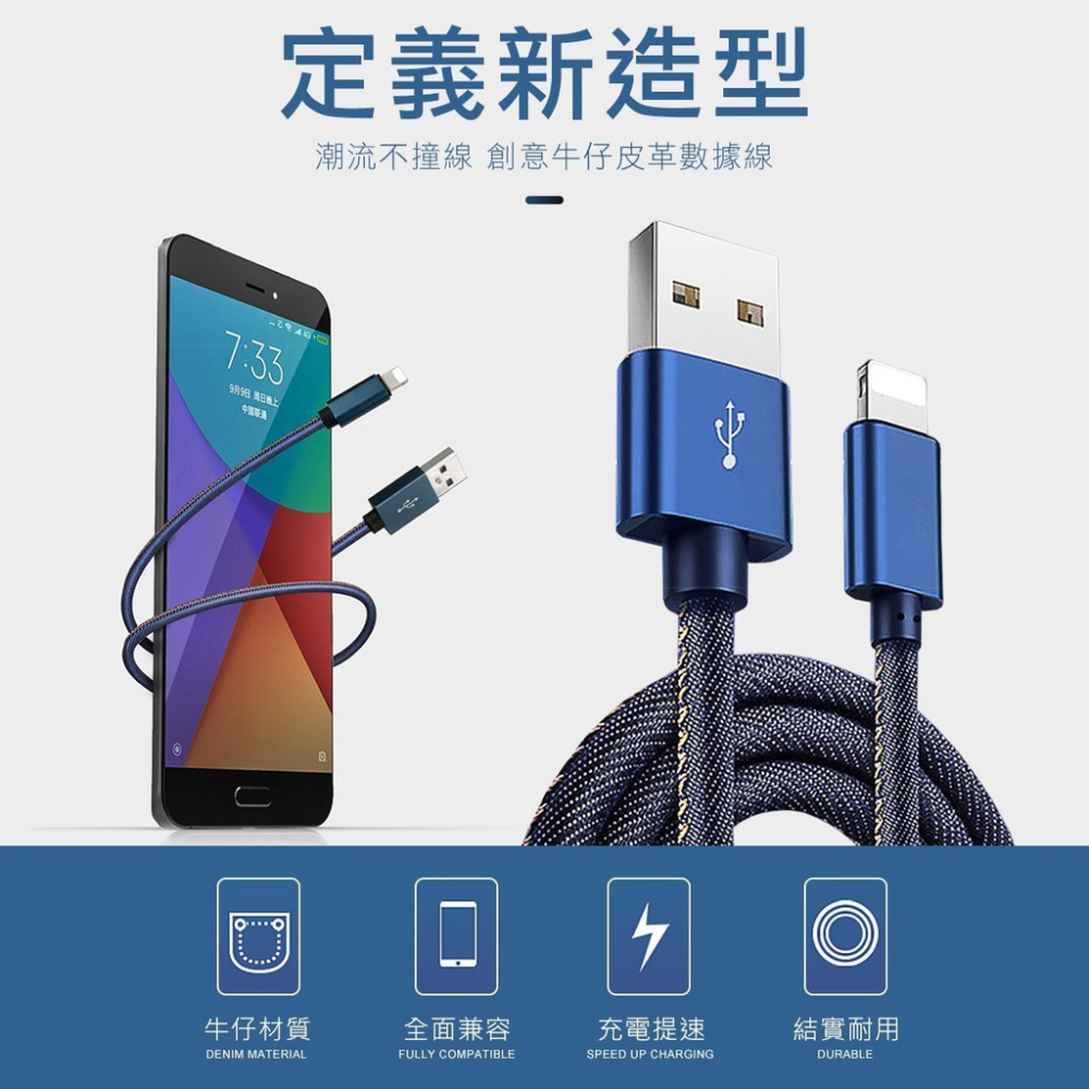 牛仔編織抗拉扯 USB 充電線 Type c 蘋果充電線 lightning充電線 傳輸線 快充線-細節圖2