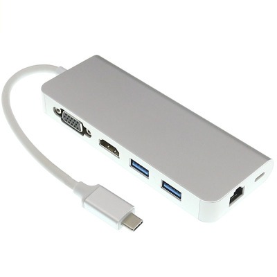 環保包裝多功能TYPE-C轉USB3.0 HUB VGA HDMI RJ45網卡(顏色隨機) J-14659