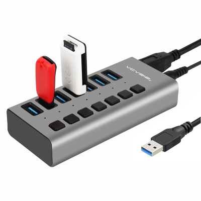 USB3.0集線器7port鋁合金集線器USB3.0 HUB電源獨立開關按鍵 J-14616
