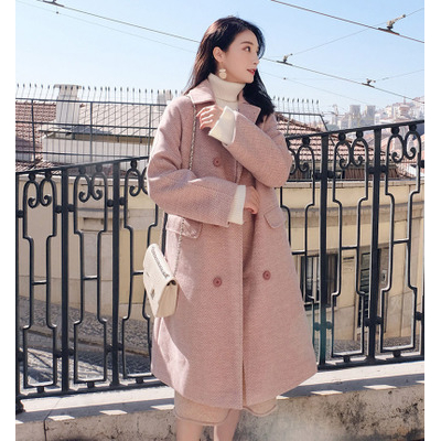 秋冬季款呢子大衣女中長款寬鬆毛呢外套(粉紅色) J-14369