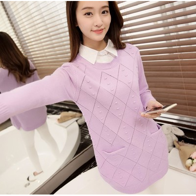 韓版針織襯衫領套頭寬鬆提花中長款毛衣打底衫(粉色) J-12844