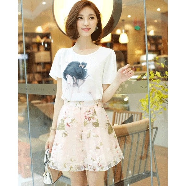 品名: 韓版休閒套裝-印花歐根紗短裙-短T J-12350-細節圖3