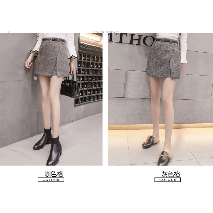 品名: 韓版高腰半身裙修身包臀A字不規則格子短裙(咖色)(M) J-13467-細節圖6