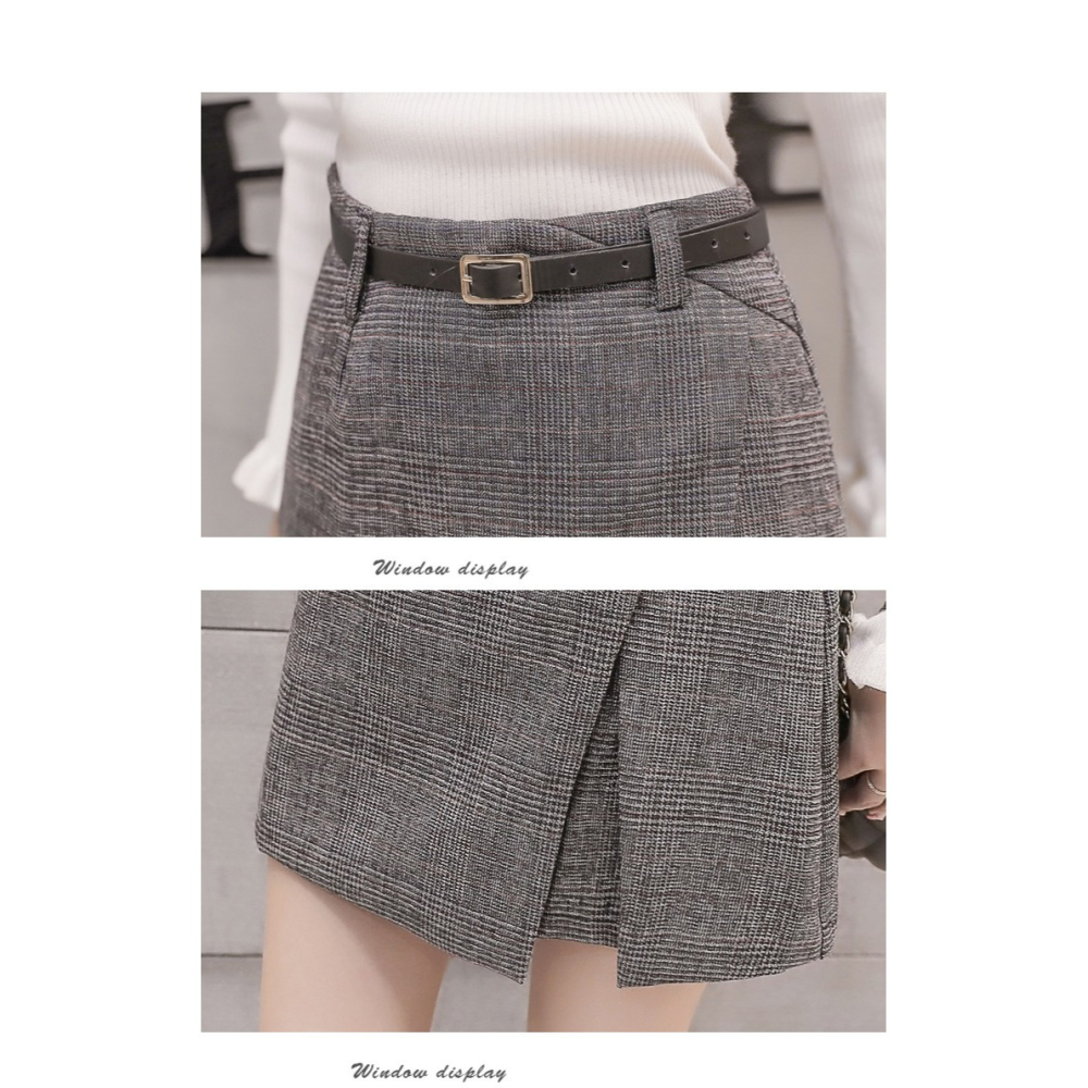 品名: 韓版高腰半身裙修身包臀A字不規則格子短裙(咖色)(L) J-13467-細節圖3