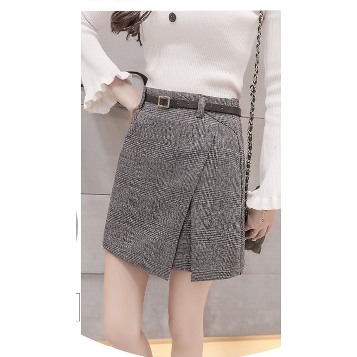 品名: 韓版高腰半身裙修身包臀A字不規則格子短裙(咖色)(L) J-13467-細節圖5