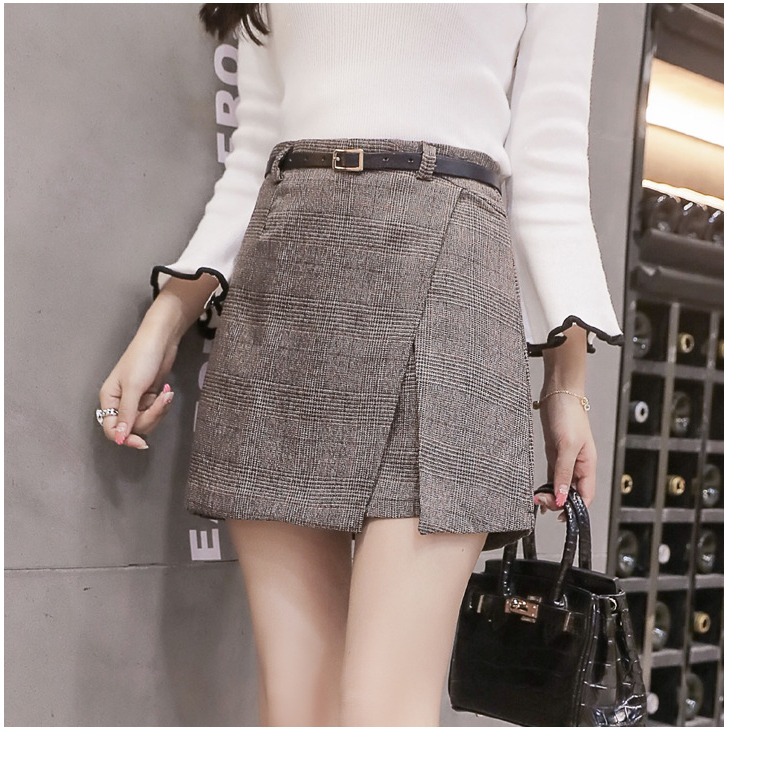 品名: 韓版高腰半身裙修身包臀A字不規則格子短裙(咖色)(XL) J-13467-細節圖2