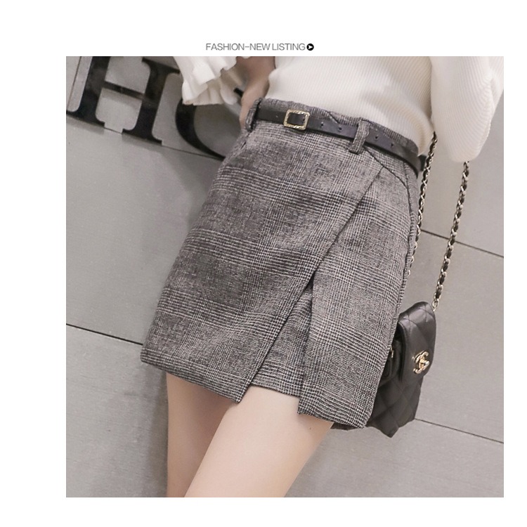 品名: 韓版高腰半身裙修身包臀A字不規則格子短裙(咖色)(XL) J-13467-細節圖3