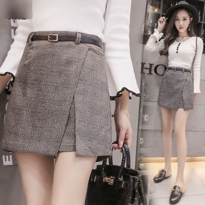 品名: 韓版高腰半身裙修身包臀A字不規則格子短裙(咖色)(XL) J-13467-細節圖9