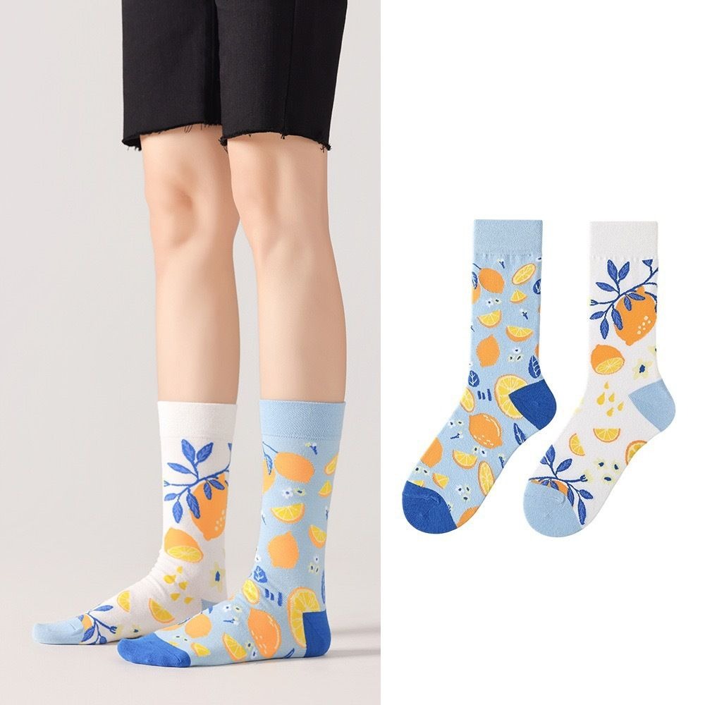 現貨叛逆穿搭左右不一樣的AB薄棉中筒襪 條紋點點襪 卡通動物襪 復古個性襪子 好穿小腿襪-規格圖11
