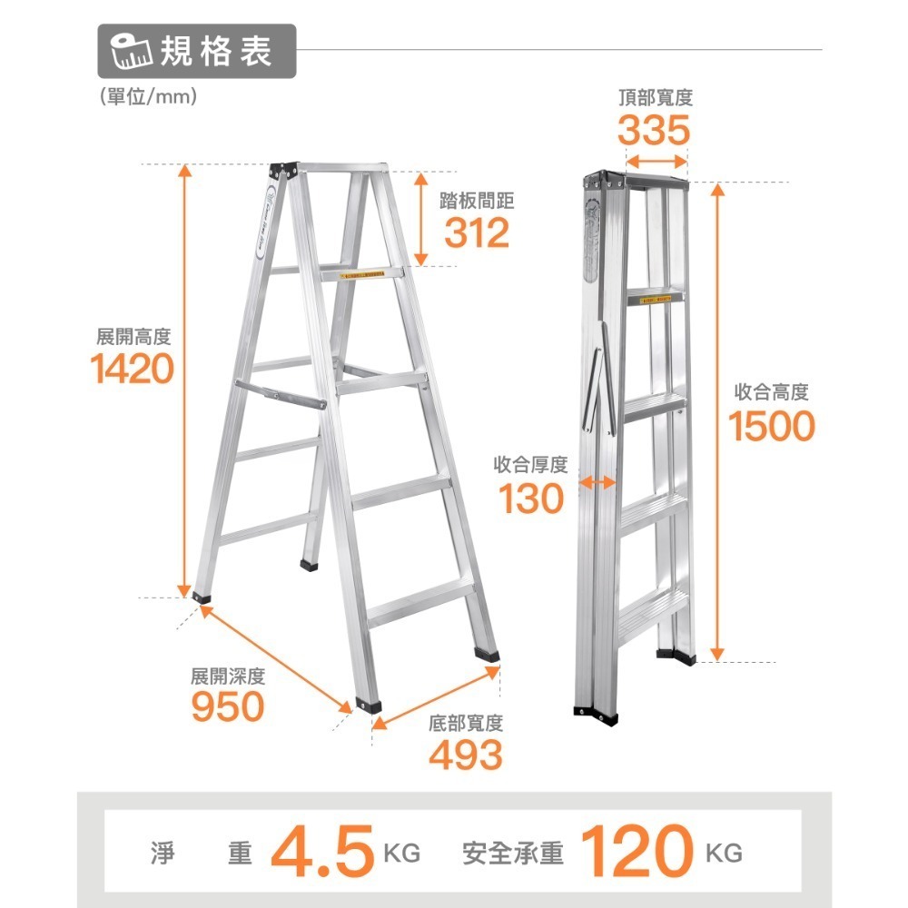 🔥免運🔥5/6/7尺【輕便型焊接鋁梯】國產精品/附發票/快速出貨/焊接鋁梯 承重120kg/A字梯 馬椅梯 家用-規格圖11