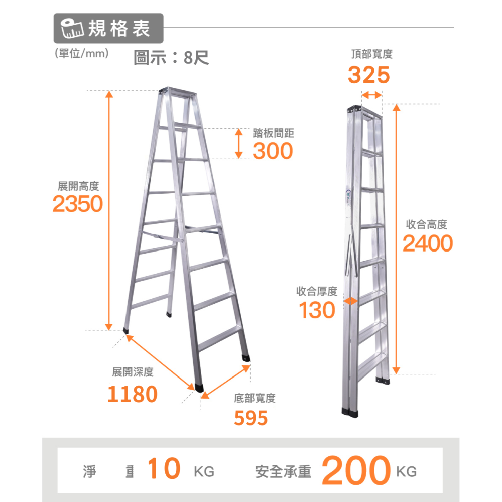 免運8尺【超強滿焊梯】分期附發票/快速出貨/加厚款承重200KG/台製大廠 超強馬椅梯 A字梯 安檢梯 SGS認證 鋁梯-細節圖5