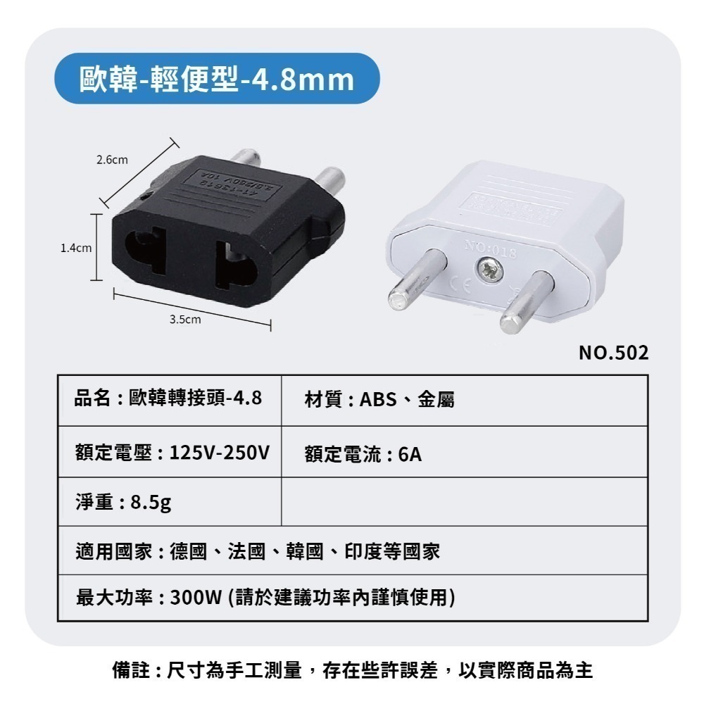 韓國歐洲轉換插頭 三角4.8mm 台灣轉歐洲 502-細節圖8