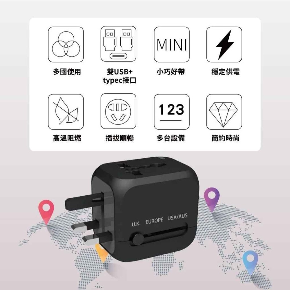 世界萬用轉接插頭 雙USB孔 Typec *無電壓轉換功能* 512-細節圖3