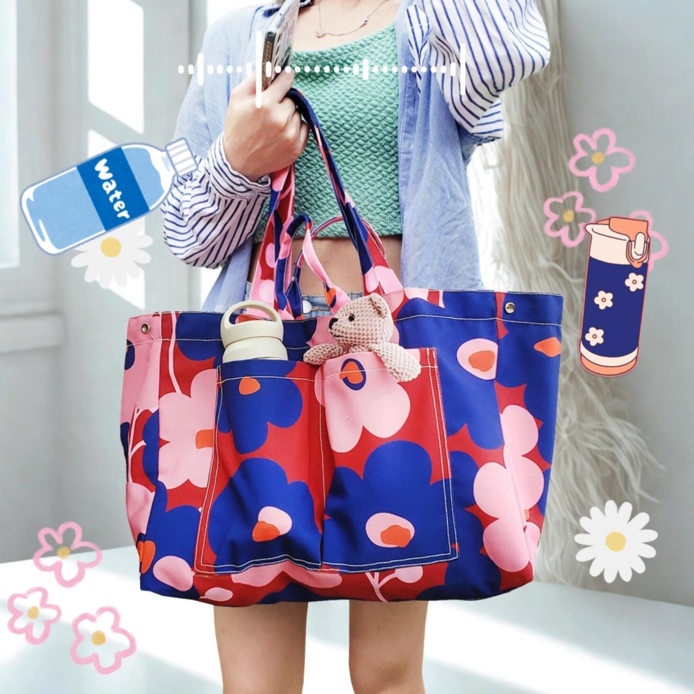 【ZAPPGIRL ×泰搶手】🇹🇭 泰國直送｜ZAPPGIRL 帆布包 雙口袋設計 可放水壺飲料杯 媽媽包 手提肩-細節圖3