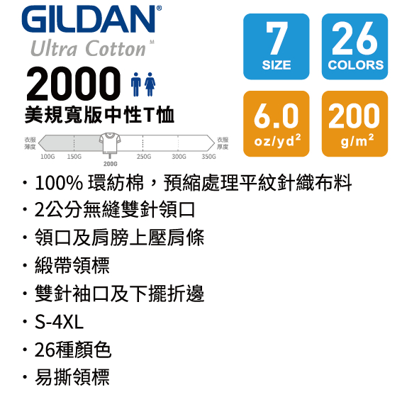 原廠授權台灣現貨】Gildan 美國棉 美規 寬版 落肩 2000 T恤 短T 親子裝 情侶裝 班服 工作服 團體服-細節圖2
