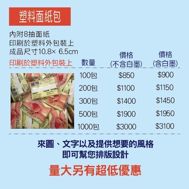 行銷用品 客製化面紙包 廣告面紙 海報式面紙 名片式面紙 塑料式面紙 活動面紙 選舉面紙 派報面紙-細節圖2