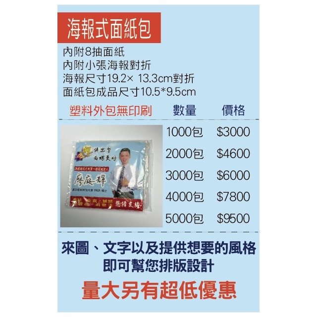 行銷用品 客製化面紙包 廣告面紙 海報式面紙 名片式面紙 塑料式面紙 活動面紙 選舉面紙 派報面紙-細節圖4