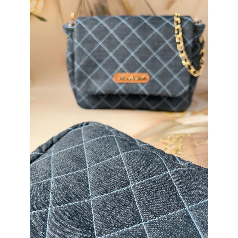 小香風菱格紋牛仔包/藍線/紅線-細節圖2