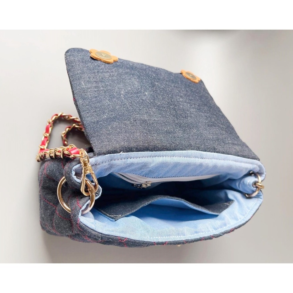 小香風菱格紋牛仔包/藍線/紅線-細節圖3