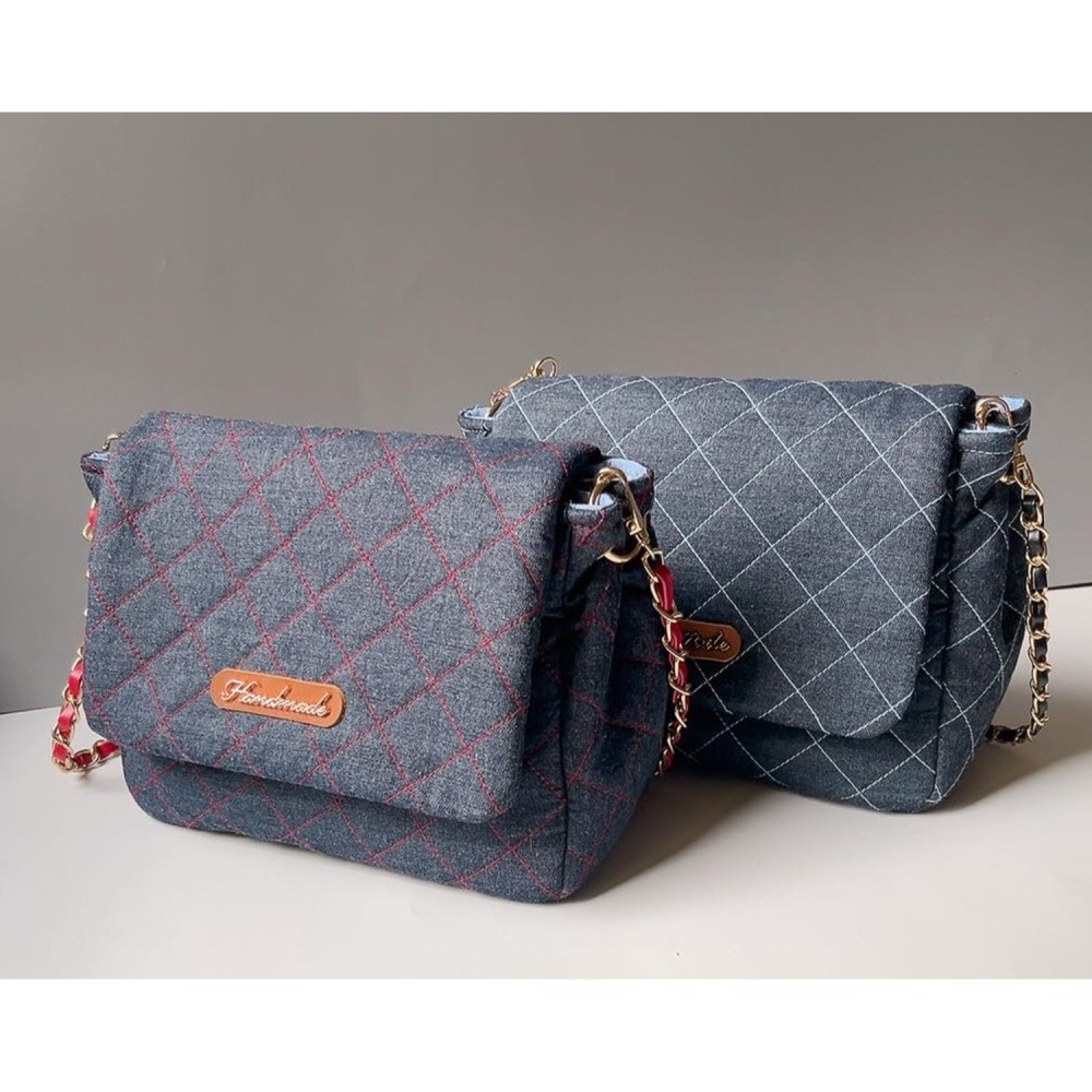 小香風菱格紋牛仔包/藍線/紅線-細節圖4