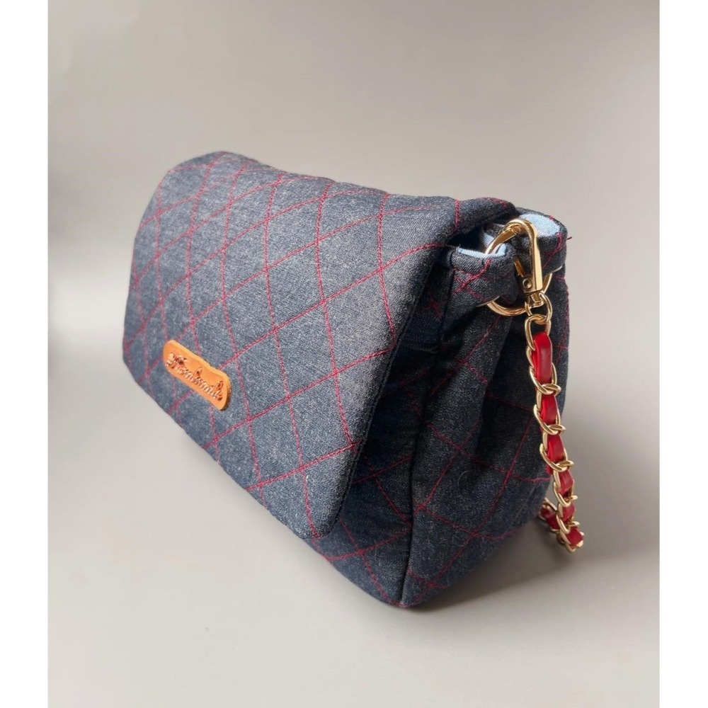 小香風菱格紋牛仔包/藍線/紅線-細節圖6