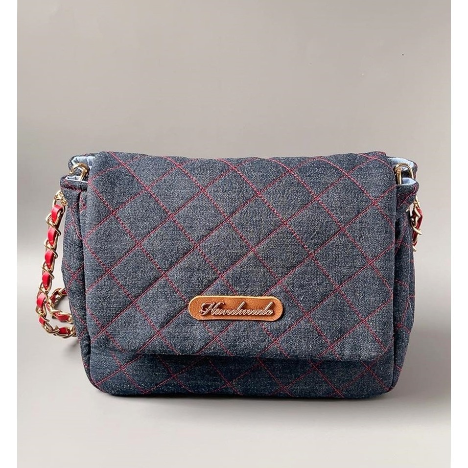 小香風菱格紋牛仔包/藍線/紅線-細節圖7