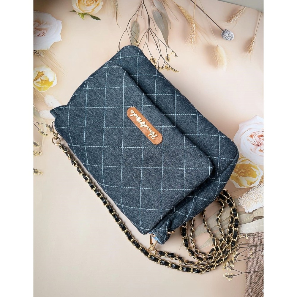小香風菱格紋牛仔包/藍線/紅線-細節圖8