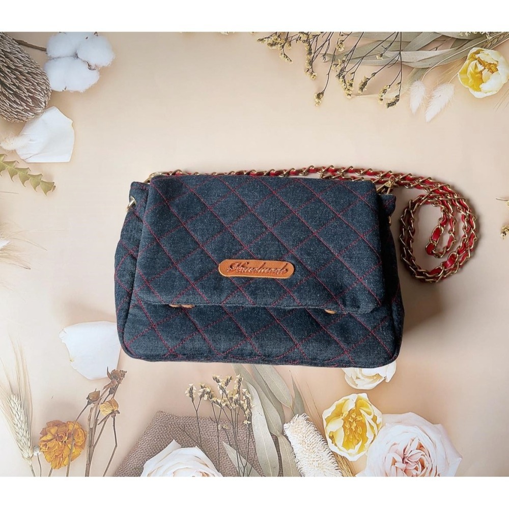 小香風菱格紋牛仔包/藍線/紅線-細節圖9