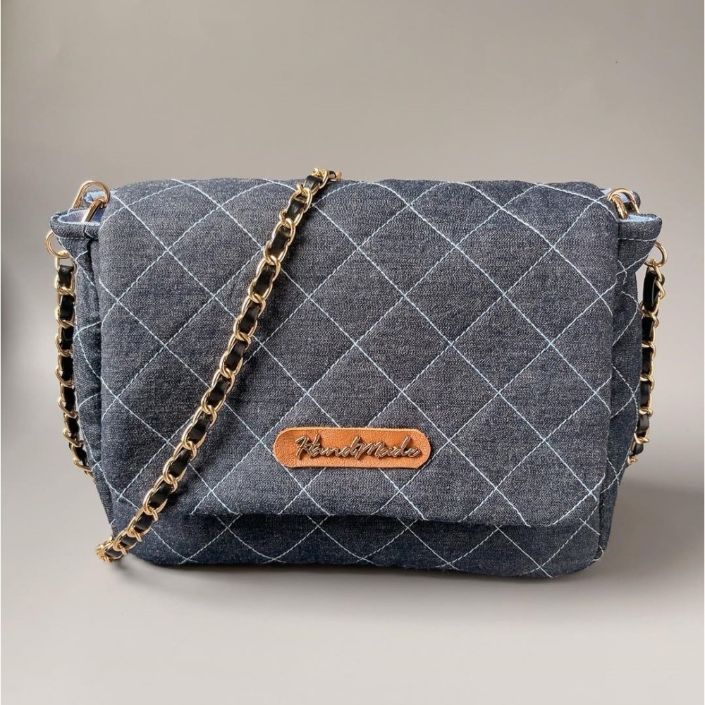 小香風菱格紋牛仔包/藍線/紅線-細節圖10