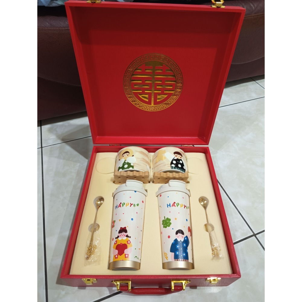 囍字雙杯禮盒組 對杯 保冷杯 餅乾杯墊 攪拌匙-細節圖2
