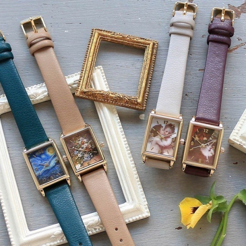 🔥現貨+預購 🇯🇵日本 名畫系列方形石英手錶(皮革錶帶) 梵谷、莫內、慕夏、克林姆、達文西 古典、印象藝術家