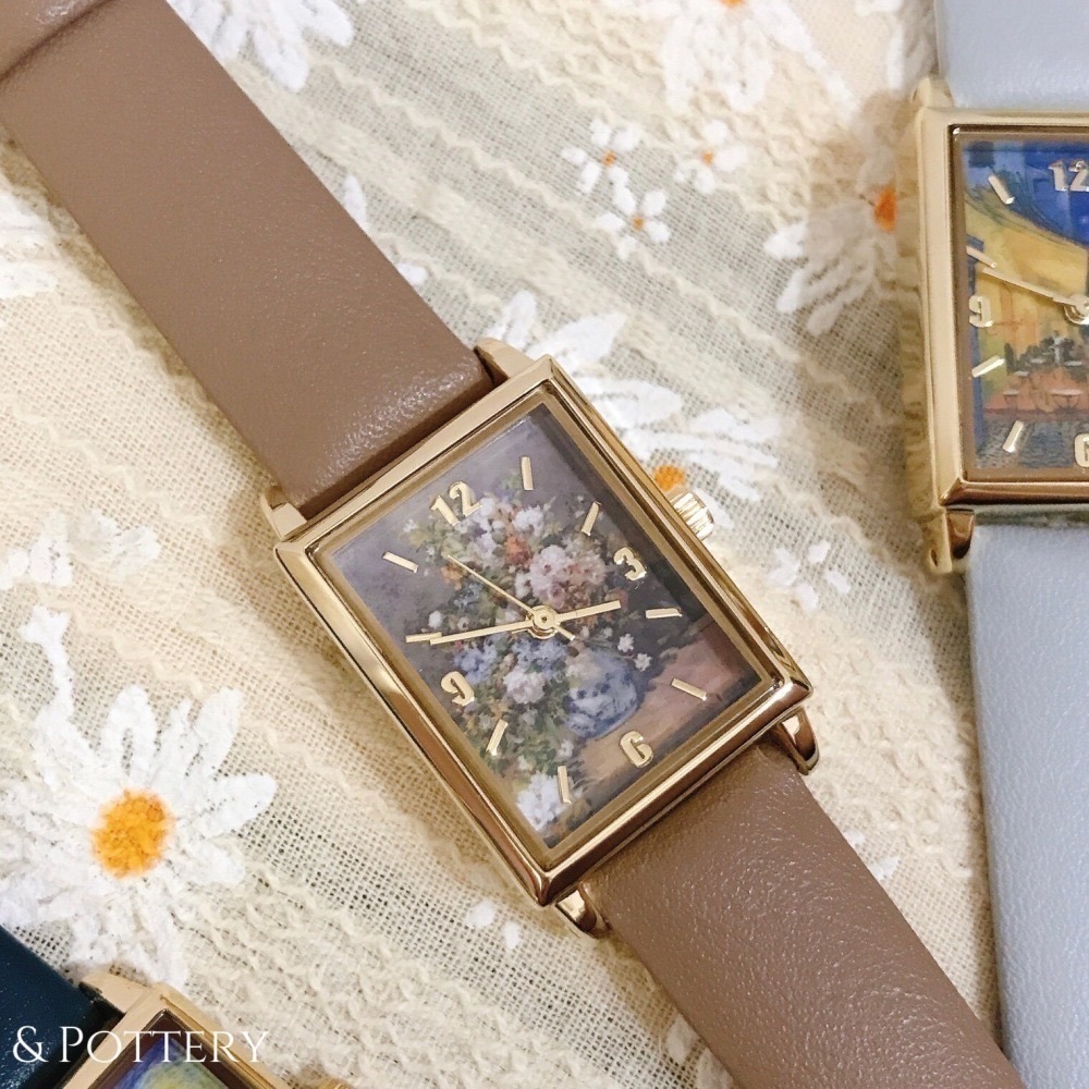 🔥現 🇯🇵日本 世界名畫方形石英手錶 皮革錶帶 莫內、梵谷、慕夏、達文西 古典 印象派藝術家 向日葵 睡蓮 油畫-細節圖3