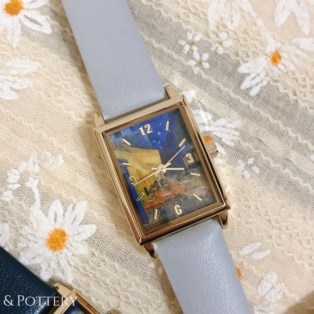 🔥現 🇯🇵日本 世界名畫方形石英手錶 皮革錶帶 莫內、梵谷、慕夏、達文西 古典 印象派藝術家 向日葵 睡蓮 油畫-細節圖4