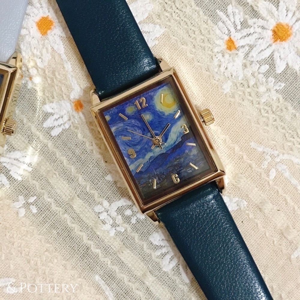 🔥現 🇯🇵日本 世界名畫方形石英手錶 皮革錶帶 莫內、梵谷、慕夏、達文西 古典 印象派藝術家 向日葵 睡蓮 油畫-細節圖5