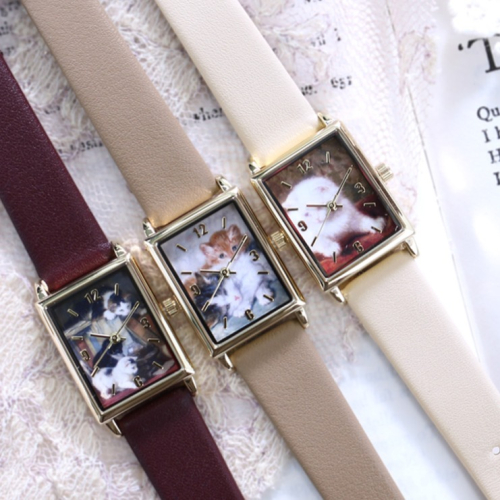 🇯🇵日本 貓咪油畫方形石英手錶(皮革錶帶) 梵谷、莫內、慕夏、克林姆、達文西 古典、印象藝術家