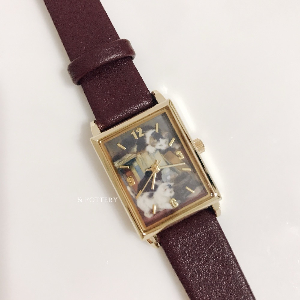 🔥現 🇯🇵日本 貓咪世界名畫方形石英手錶 皮革錶帶 亨利埃特·羅納-克尼普 油畫 藝術家-細節圖2
