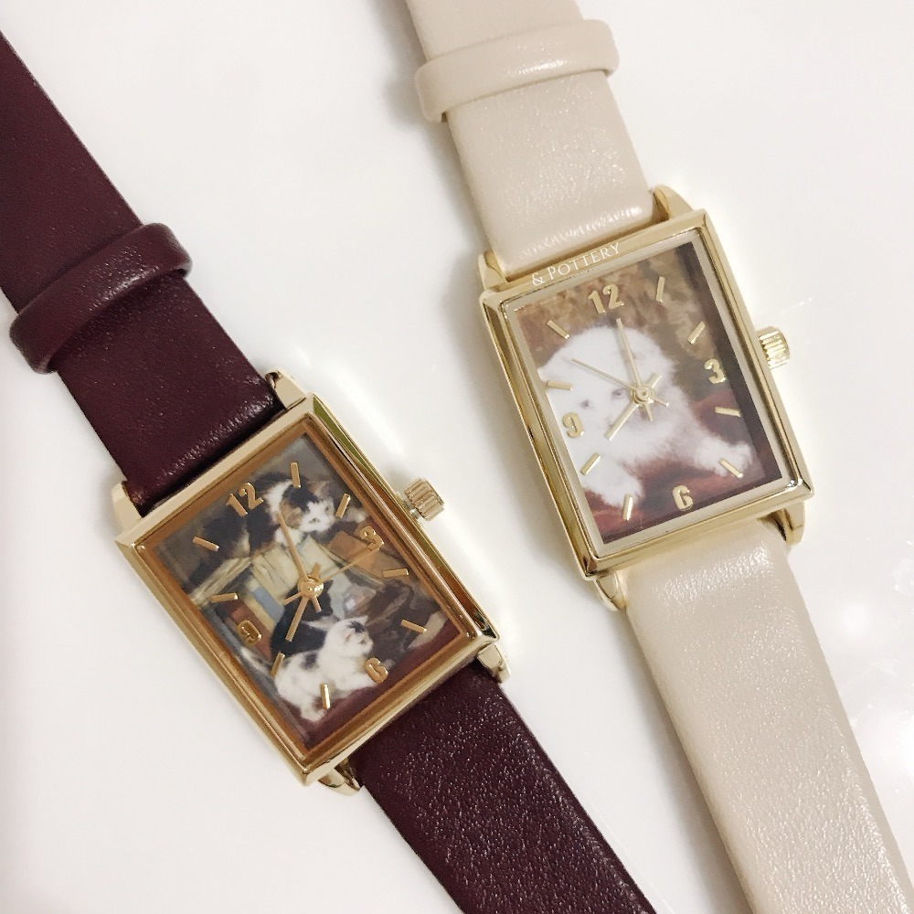 🔥現 🇯🇵日本 貓咪世界名畫方形石英手錶 皮革錶帶 亨利埃特·羅納-克尼普 油畫 藝術家-細節圖4