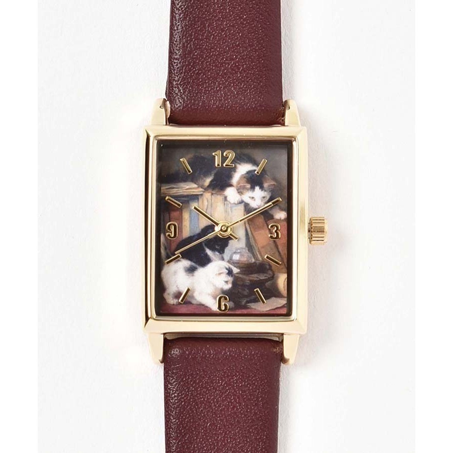 🔥現 🇯🇵日本 貓咪世界名畫方形石英手錶 皮革錶帶 亨利埃特·羅納-克尼普 油畫 藝術家-規格圖4