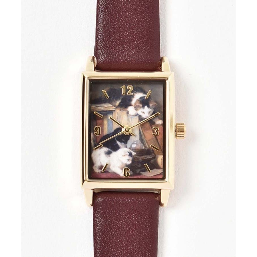 🔥現 🇯🇵日本 貓咪世界名畫方形石英手錶(皮革錶帶)  亨利埃特·羅納-克尼普 油畫 藝術家-規格圖4