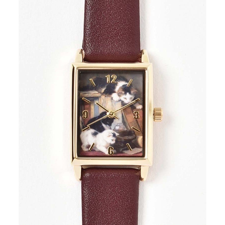🔥現貨 🇯🇵日本 貓咪世界名畫方形石英手錶 皮革錶帶 亨利埃特·羅納-克尼普 油畫 藝術家-規格圖4