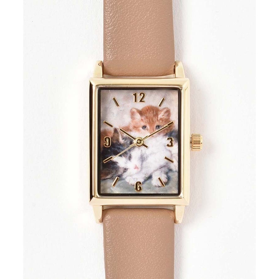 🔥現 🇯🇵日本 貓咪世界名畫方形石英手錶(皮革錶帶)  亨利埃特·羅納-克尼普 油畫 藝術家-規格圖4