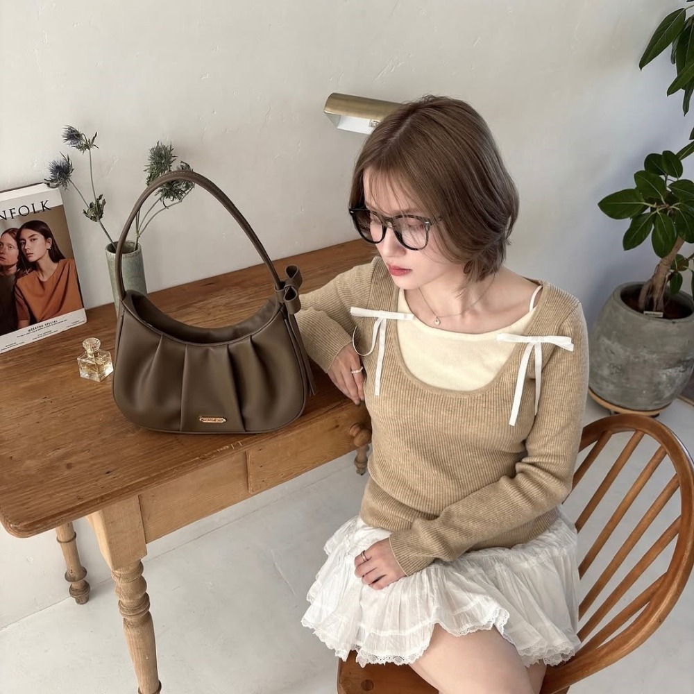 🇯🇵日本 my twilight 側邊蝴蝶結壓褶半月包｜手提/側背/斜背包 小眾品牌♡不撞款~-細節圖4