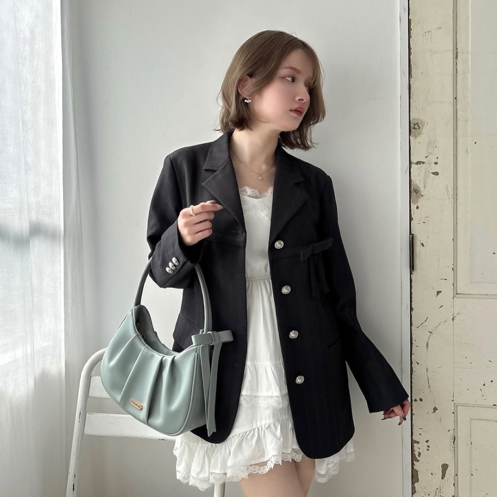 🇯🇵日本 my twilight 側邊蝴蝶結壓褶半月包｜手提/側背/斜背包 小眾品牌♡不撞款~-規格圖11