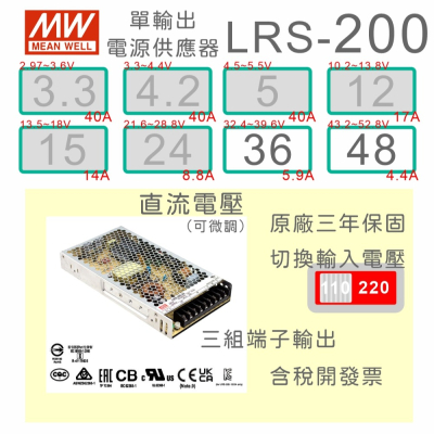 【保固附發票 】MW明緯 200W LRS-200-36 36V 48 48V 變壓器 馬達 LED燈條 驅動器 電源
