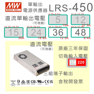 【保固附發票】 MW明緯 450W LRS-450-36 36V 48 48V 變壓器 LED燈 驅動器 馬達 電源